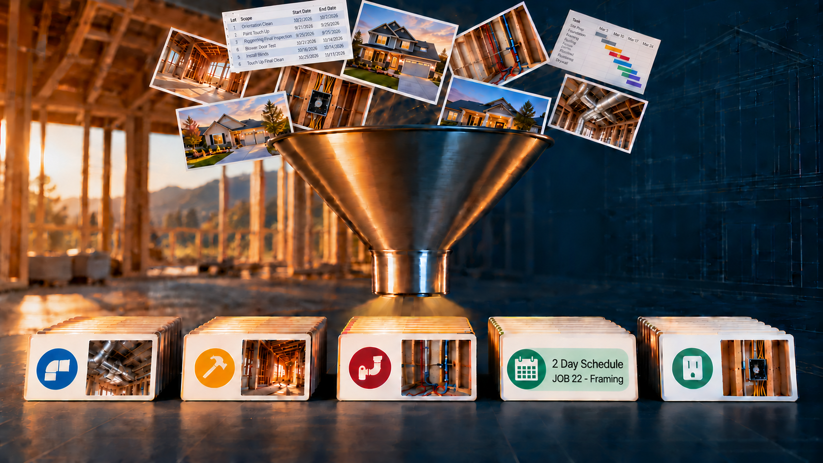 A construction schedule and jobsite photos flow through FunnelPhase into organized trade texts and correction photo lists