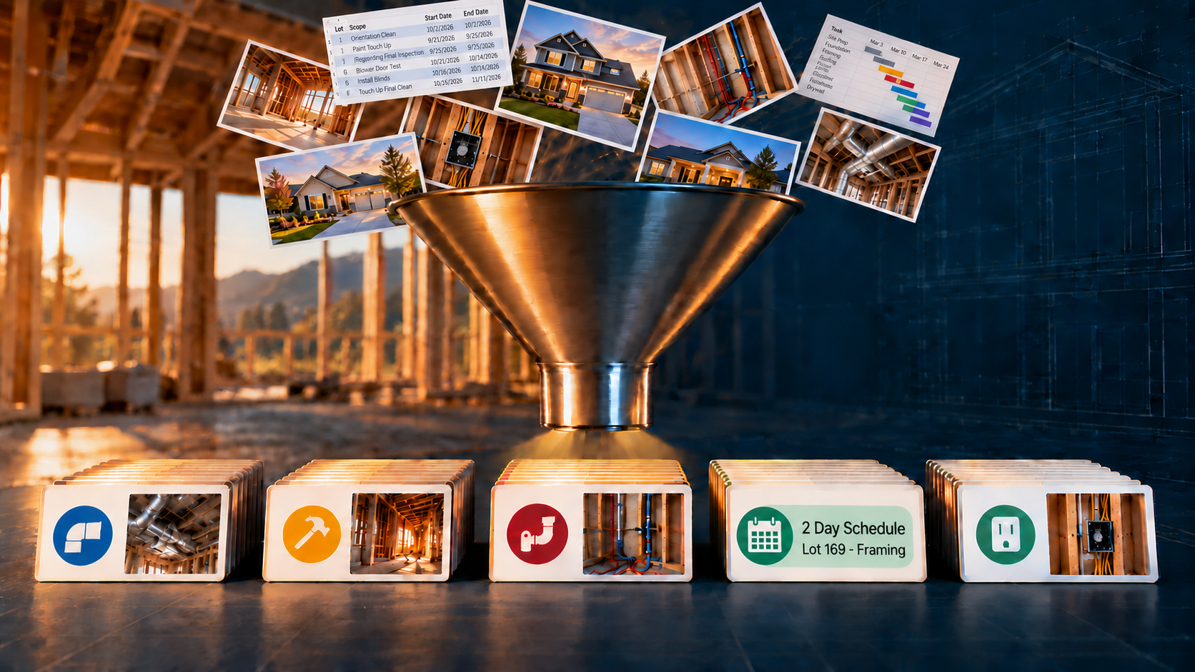 Schedules and jobsite photos enter a funnel and leave as organized trade work